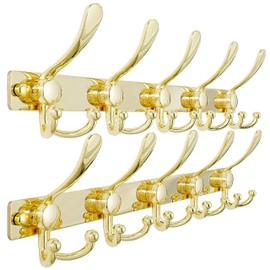Dseap MaxStrong 2.0 Coat Rack Wall - Ultra Heavy-Duty Stainless Steel, 16" Hole Spacing, 5-Triple-Hooks Wall Mount Coat Hanger, Hook Rail for Clothes Hats Jacket Towels, Gold, Pack of 2