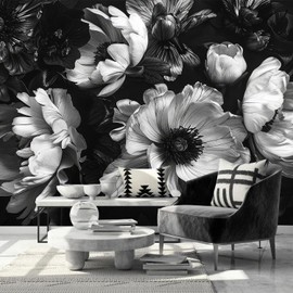 AFZEVEB-Black Peony Floral Wallpaper Vintage Large Flower Wall murals for Bedroom 136"x96"(Not Peel and Stick)