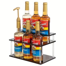 1PC 2-Tier Acrylic Coffee Syrup Organizer Rack Heavy-Duty 6-Bottle Capacity Space-Saving Vertical Design Sturdy Base RoundedSize: 12.6inch, color: Black