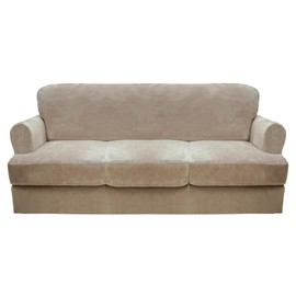 T Cushion Sofa Cover 4 Piece Sofa Slipcovers Thick Velvet Couch Cover Furniture Protector Stretch Sofa Covers for 3 Cushion Couch with 3 Individual T Cushion Covers Machine Washable, Khaki