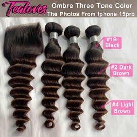 Ombre Human Hair Bundles with Closure(18 20 22+18) T1b/2/4 Ombre Three Tone Colored Bundles with Closure 10A Brazilian Hair Ombre Chestnut Brown Loose Deep Wave Sew In Bundles and 4x4 Lace Closure
