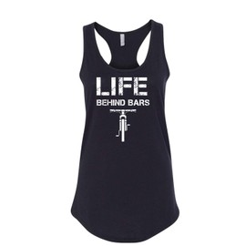 Life Behind Bars Cyclist Printed Ladies Sleeveless Mountain Biker Racerback Tank Top Black