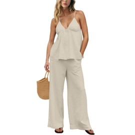 UNIANKIYA 2 Piece Linen Sets for Women Summer V Neck Sleeveless Tops and Wide Leg Pants with Pockets Casual Vacation Outfits