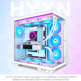 HYXN H1 HYXN ATX PC Case - Pre-Installed with 7 PWM ARGB Fans - Dual Cavity Mid-Tower PC Gaming Case - with Type-C - Can Hold up to 3X 360mm heatsinks simultaneously (White, H1)