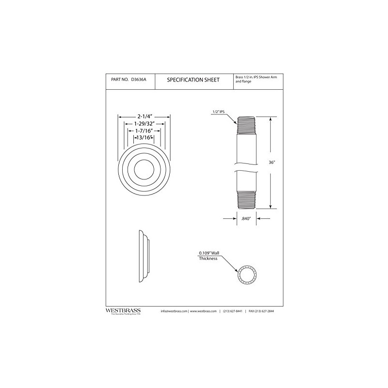Westbrass 1/2" IPS x 36" Ceiling Mounted Shower Arm with