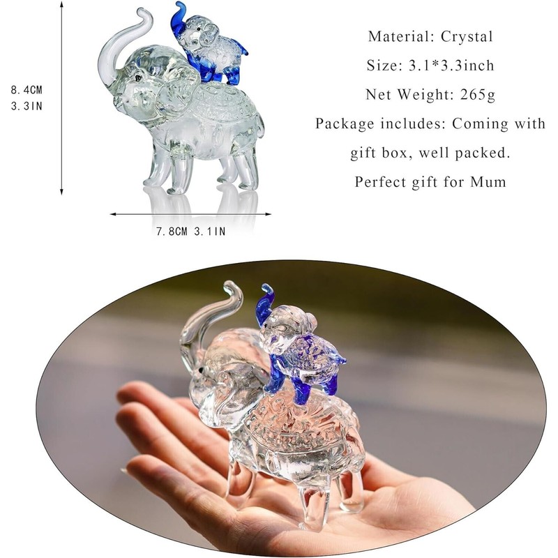 Crystal Elephant Figurines Mother Son Glass Elephants with Trunk Up