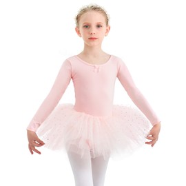 Gorchnc Ballet Outfits for Girls Toddler Ballet Dance Leotard with Tutu Skirt Long Sleeve Ballet Dress Glitter Dance Outfit Pink