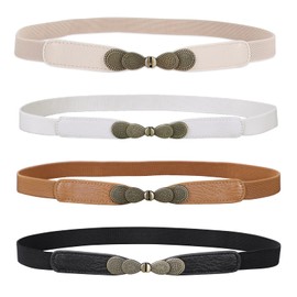JASGOOD Women Skinny Elastic Stretch Belts for Dresses Retro Ladies Waist Vintage Thin Belts 4 Pack, Brown+ Black+White+Beige