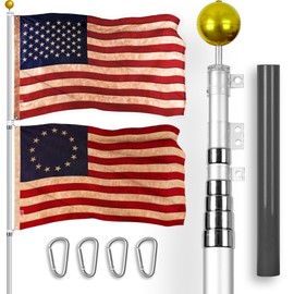 G128 Combo Pack: 25 Ft Telescoping Aluminum Flagpole (Silver) & American and Betsy Ross Tea Stained Flags 3x5 Ft, Both ToughWeave Series Embroidered Polyester | Pole with Flags Included