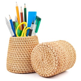 Geila Rattan Pencil Holder for Desk, Hand-woven Desk Organizer, Wooden Pen Holder Pencil Pots Caddy Stationery Storage Box, Makeup Brush Holder Cosmetic Organisers, Cutlery Holder for Table