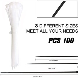 100pc White Plastic Cable Ties, 3 Different Sized Tie Wraps, Durable Strong Plastic Material Ensuring Longevity, Self Locking Zip Ties Ideal for Home, Office, Garden and DIY (White)