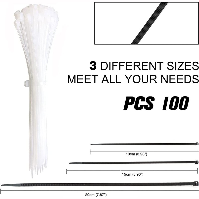 100pc White Plastic Cable Ties, 3 Different Sized Tie Wraps,