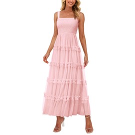 PRETTYGARDEN Women's Summer Dresses 2025 Sleeveless Smocked Tiered Ruffle Tulle A-Line Flowy Wedding Party Maxi Dress(Light Pink,Medium)
