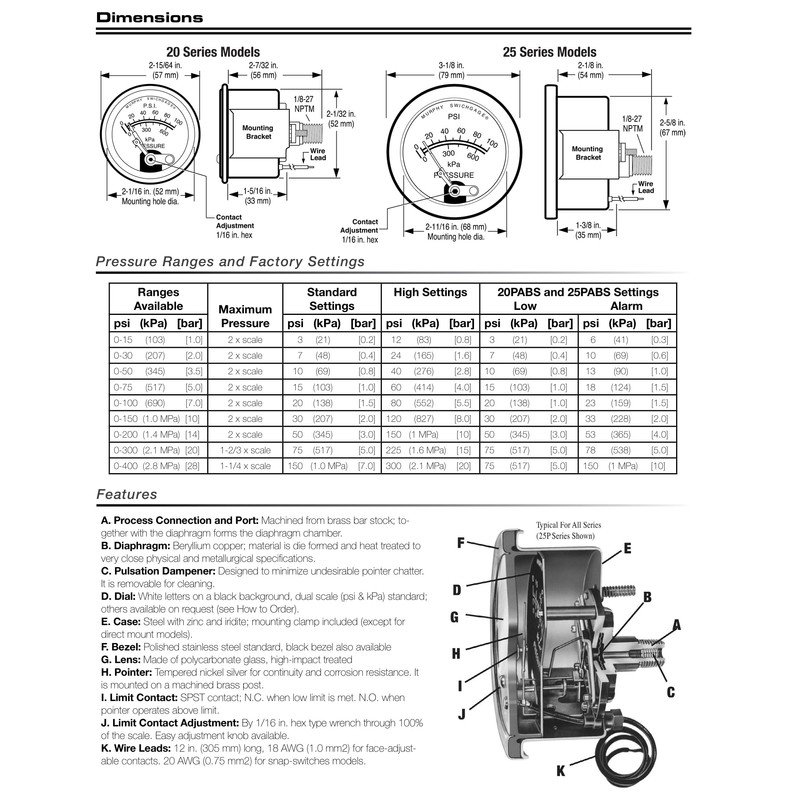 Murphy by Enovation Controls 20P7-100, 2" Pressure Swichgage w/Lockout, 0-100