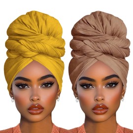 COOKOO 2 Piece Long Solid Color Stretch Head Wrap African Women's Jersey Turban Fashion Head Scarf Ultra Soft Extra Long Head Band Lightweight Breathable Head Bands for Women(Camel+Turmeric)