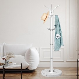 ZOZOE Metal Coat Rack Stand, Modern Coat Rack Freestanding with Natural Marble Base, 360° Rotary Design Coat Racks with 14 Hooks,White Coat Tree for Bags,Hats,Entryway,Office