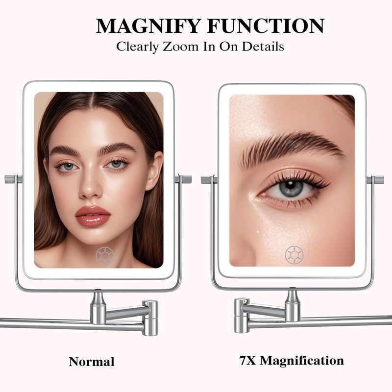 Wall Mounted Lighted Makeup Mirror, Rectangle Double Sided 1X/7X Magnifying