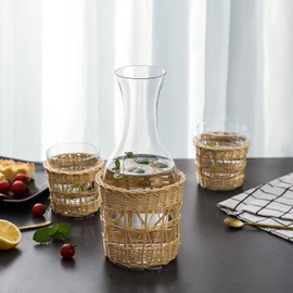 1500 C Tabletop Bedside Night Water Carafe Set 1 Pitcher 48.3 oz. with 2 cups 12.8 oz. Glass Nightstand Water Drinkware Set with Removable Hand Woven Rattan, Use Cup as Lid, Clear