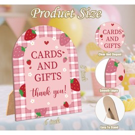 Strawberry Cards and Gifts Sign for Baby Shower, 6x8 Inch Arch Wooden Sign with Stand, Berry Baby Shower Table Sign, Gender Neutral Party Decoration - MUK23