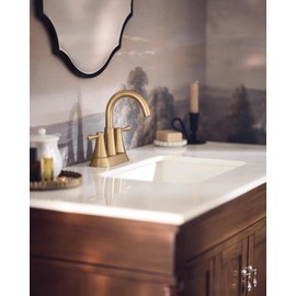 Moen Ronan Bronzed Gold Two-Handle 4" Centerset Modern Bathroom Faucet with Push-Down Drain, 84022BZG