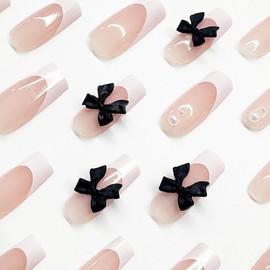 24Pcs Pearl Shine Press on Nails Medium Square Fake Nails with Bow Designs French Tip Glue on Nails Reusable Black Bows False Nails Full Cover French Acrylic Nails Nude Artificial Nails for Women Girl
