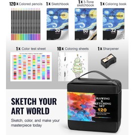 120 Pack Colored Pencils for Adult Coloring Books, Soft Core Oil Based Color Pencils with Sketch Book, Color Book, Art Supplies with Zipper Case, Gifts for Kids, Adults, Artists, Professionals
