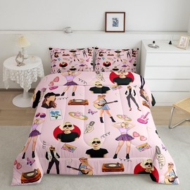 jejeloiu Music Bedding Set Twin Size Girls Singer Comforter Gifts for Women Music Lovers Girly Guitar Comforter Set Coworker Sister Friends Bed Set with 1 Comforter, 1 Pillow Case Pink Room Decor