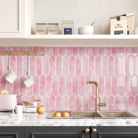 VEELIKE Pink Peel and Stick Backsplash Long Hexagon Self Adhesive Backsplash Tile for Kitchen Bathroom Laundry Room 6 Sheets Stick on Wall Tiles Peel and Stick Waterproof Pink Tile Sticker 12''x12''