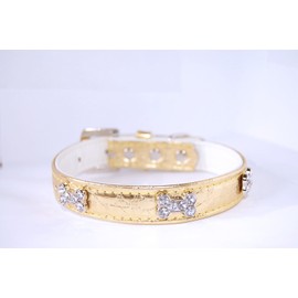 Pet Palace® "Disco Doggy (GOLD MEDIUM) Luxury Leather Dog Puppy Collar with Diamante Jewelled Dog Bone Motif plus FREE FLASHING LED CHRISTMAS COLLAR TAG!