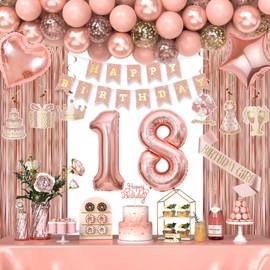 18th Birthday Decorations for Girls, Happy 18 Birthday Decorations for Her, Rose Gold Birthday Party Supplies with Banner, Number Balloons, Fringe Curtains, Hanging Swirls, Foil Balloons