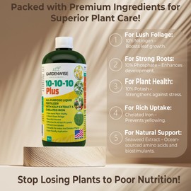 10-10-10 All Purpose Plant Food - Liquid Fertilizer with Seaweed Kelp & Iron - Indoor & Outdoor Plant Food, Vegetables, Flowers, Lawn & Garden 1x16 oz