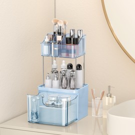 DOADW Makeup Organizer Countertop - 3 Tier Bathroom Organizer Countertop - Multi-Purpose Skin Care Organizer with Drawer for Vanity, Small Cosmetic Counter Organizer (Blue)
