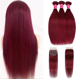 Straight Bundles with Closure 18 20 22+18Inch Grade 10A 99j Burgundy Color Straight Hair 3 Bundles Human Hair with 4x4 Lace Closure Free Part Win Red Human Hair Bundles