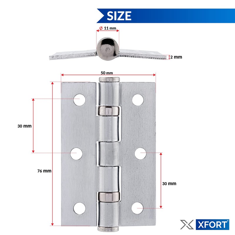 XFORT 3 Inch (75mm) Satin Chrome Ball Bearing Hinges, Steel