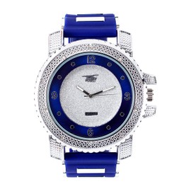 Techno Pave Totally Iced Out Cz Silver Tone Blue Band Over Sized Hip Hop Men's Bling Bling Watch