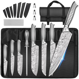 Meleho Kitchen Knife Set,12PCS Portable Kitchen Knife Set,High Carbon Stainless Steel Professional Kitchen Knife Set, Knife Sharpener With Knife Roll Bag, Suitable for Outdoor Travel, Camping, BBQ