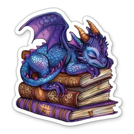 Cute Purple Dragon Sleeping on Books Sticker - 3" Laptop Sticker - Waterproof Vinyl for Car, Phone, Water Bottle - Book Lover Bookish Decal