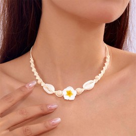 Andelaisi Boho Shell Choker Necklace Vintage Flower Woven Rope Necklace White Polymer Clay Flower Necklaces Adjustable Seashell Braided Collar Necklaces Jewelry for Women