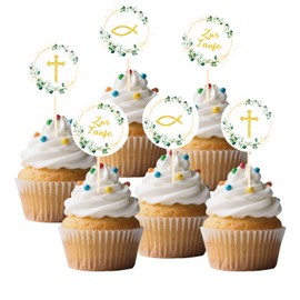 Gleevio Tortendeko Taufe Deko Torte, Cupcake Topper Taufe Deko Junge Mädchen, Kreuzen Kuchen Dekoration 5cm, Eukalyptus Fisch Tortendeko Kommunion, Kreu Kuchendeko Taufdeko Grün