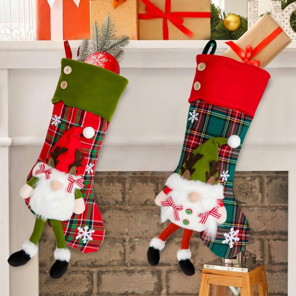 ZEEJORY Christmas Stockings, Large Gnomes Xmas Stockings Socks Gift Bag for Adults and Kids, Fireplace Hanging Stockings, Tree Decoration Christmas, Candy Pouch Bag Ornaments for Family (2 pack)