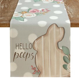 ARKENY Easter Table Runner 13x60 Inches, Bunny Rabbit Floral Hello Peeps Spring Holiday Farmhouse Grey Burlap Indoor Table Decorations for Home AT559-60