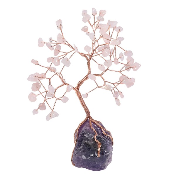 mookaitedecor Natural Rose Quartz Crystal Decor Tree with Raw Amethyst Stone Base Healing Feng Shui Money Tree Lucky Tree of Life Ornament for Home Office Height 6-7 Inch