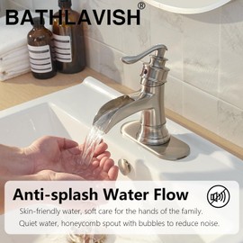 BATHLAVISH Brushed Nickel Waterfall Bathroom Sink Faucet, Single Handle 1 or 3 Hole Farmhouse Bathroom Faucets with Deck, Pop-up Drain, 2 Hoses for Lavatory Washroom Vanity RV