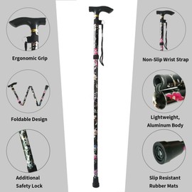 CLOKTA Folding Cane, 5-Level Adjustable Height Lightweight Portable Foldable Walking Canes with Wrist Strap and T Handle for Men Women Seniors (Floral Black)