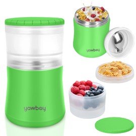 Yawbay Yogurt Container, Insulated Food Container, 2 In 1 Cereal Cup On The Go,Stainless Steel Insulated Food Jar With Spoon,28oz Thermal Lunch Pot For Soup Yogurt Salad Breakfast Milk Fruit (Green)