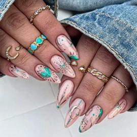 Onsdag Press on Almond Nails Medium Glossy Full Cover Acrylic Almond Shaped False Nails with Designs Artificial French Fake Nails Glue Stick ons Fingernails for Women Girls(XB10785)