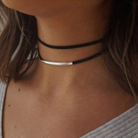 Handcess Punk Layered Necklace Silver Bar Choker Black Velvet Necklaces Chain for Women and Girls, Metal