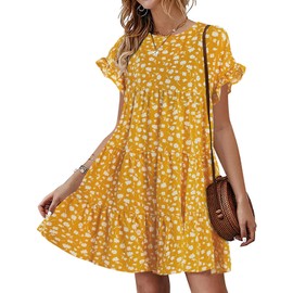 Chuanqi Womens Ruffles Polka Dot Floral Printed Babydoll Loose Swing Casual Short Mini T-Shirt Dress (X-Large, Ginger)