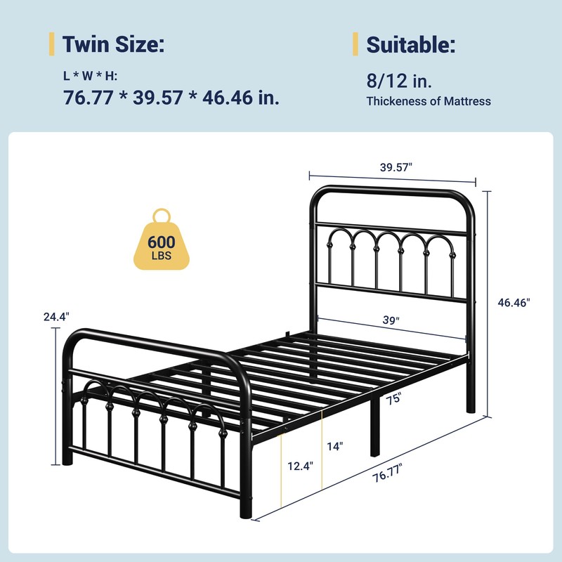 Allewie 14 Inches Twin Size Metal Platform Bed Frame with