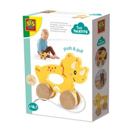 SES Creative 13203 2-in-1 Wooden Triceratops Pull Toy - Creative Play for Kids Aged 18 Months+ - Can Be Used as a Pull Toy or Push Car with Ergonomic Handle
